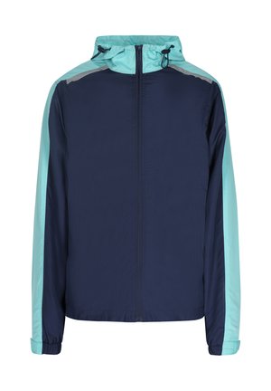 Marinblå vindjakke med lyseblå ærmer, fuld lynlås, justerbar hætte og elastiske manchetter. Glat syntetisk materiale, minimalistisk design.