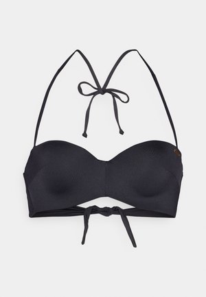 Čierny bikiny vrch s vypchávkami, s viazaním za krkom a zapínaním na chrbte. Hladká štruktúra a minimalistický dizajn.