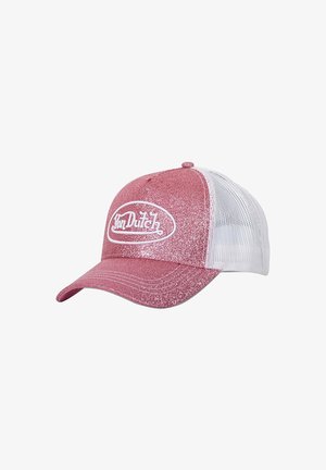 Sparkling pink and white mesh baseball cap with curved brim and white "Von Dutch" logo on front panel.