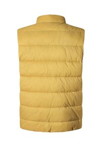 Gilet giallo imbottito con texture a trapunta verticale e colletto alto. Materiale leggero, design senza maniche, finitura liscia e senza chiusure visibili.