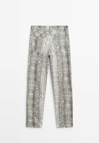 Pantalon avec un motif peau de serpent gris et blanc, vu de dos avec deux poches et une coupe droite.