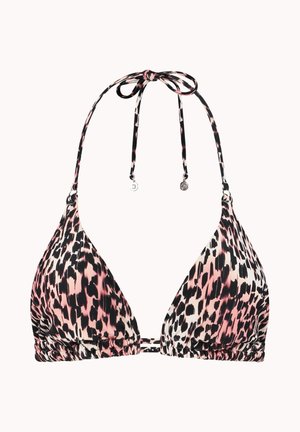 Top de bikini triangular con estampado de leopardo, con lazo al cuello tipo halter y tira ajustable en la espalda, en colores negro, rosa y blanco.