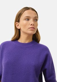 Fioletowy sweter z dzianiny o prążkowanej strukturze, z okrągłym dekoltem i krótkimi rękawami. Miękki materiał w luźnym kroju.