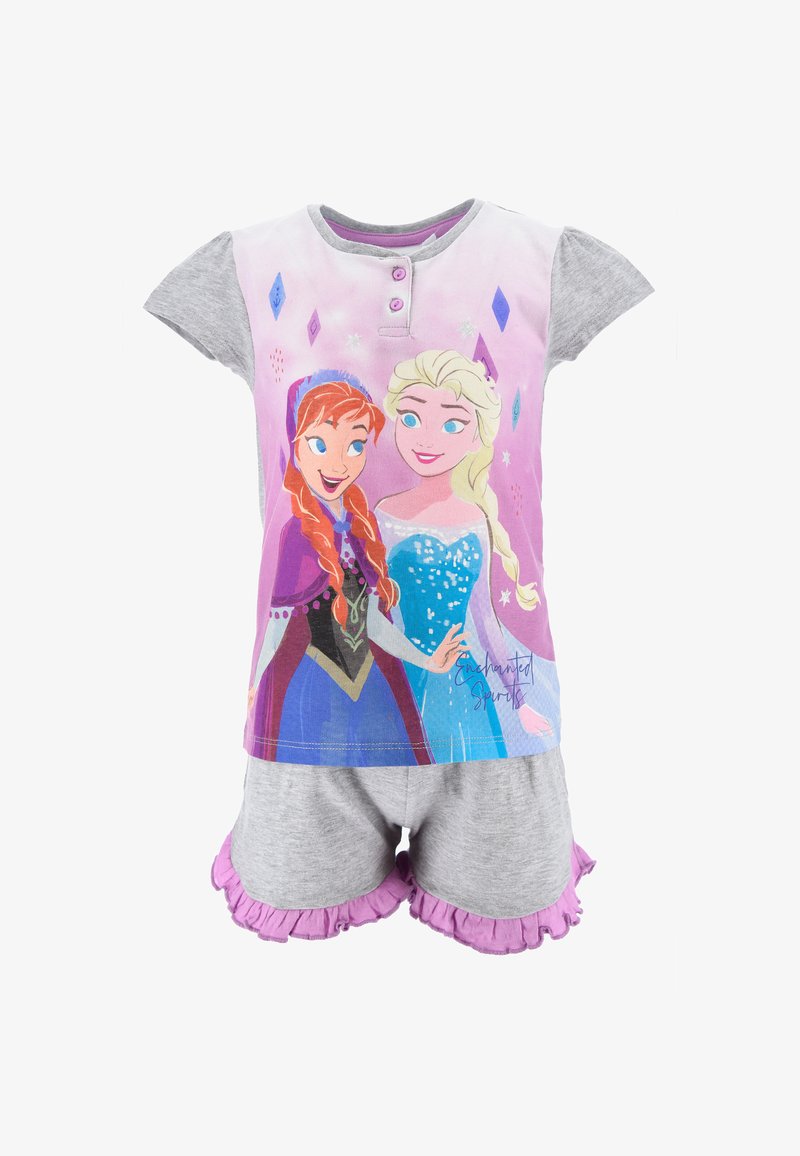Conjunto de pijama con temática de Frozen, que incluye una parte superior de degradado rosa con Anna y Elsa. Pantalones cortos grises con ribete rizado morado, hechos de suave algodón.