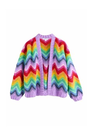 Cardigan lavorato a maglia colorato con motivo a zigzag arcobaleno e bordatura lavanda, mostrato disteso su sfondo bianco.