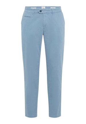 Chino bleu clair avec une coupe slim. Doté d'une fermeture à bouton, de poches avant et arrière, et d'un tissu en coton lisse. Design ajusté pour un look soigné.