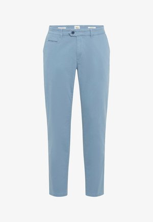 Chino bleu clair avec une coupe slim. Doté d'une fermeture à bouton, de poches avant et arrière, et d'un tissu en coton lisse. Design ajusté pour un look soigné.