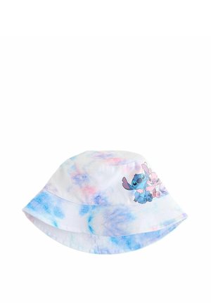 Hvid bøllehat med et farverigt tie-dye mønster i blå og pink nuancer. Viser tegneseriefigurer på den ene side.