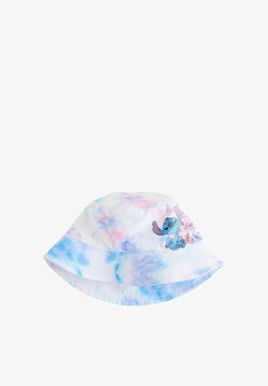 Hvid bøllehat med et farverigt tie-dye mønster i blå og pink nuancer. Viser tegneseriefigurer på den ene side.