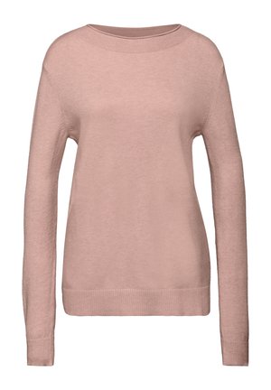 Maglione rosa chiaro a coste, maniche lunghe, texture morbida, scollo a girocollo e vestibilità rilassata, con dettagli lavorati a maglia ai polsini e all'orlo.