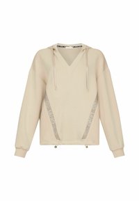 Sweat à capuche beige à manches longues avec encolure en V, cordons de serrage et bandes décoratives en mesh parcourant en diagonale les côtés avant.