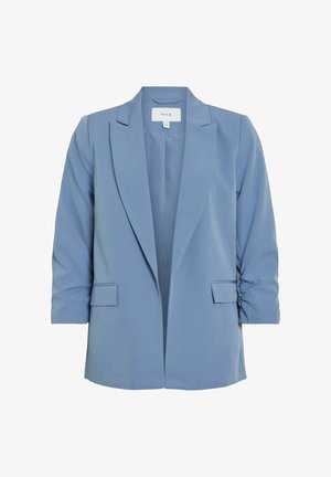 Blazer bleu clair en tissu lisse, doté d'un col cranté, d'une fermeture ouverte et de deux poches avant avec de subtils détails de manche froncés.