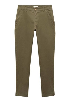 Pantalon décontracté slim vert olive avec poches latérales, fermeture avant par bouton et zip, posé à plat sur fond blanc.
