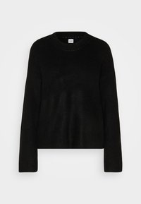 Pull noir à manches longues en maille côtelée avec col rond et étiquette de marque discrète à l'intérieur du col, présenté sur fond blanc.