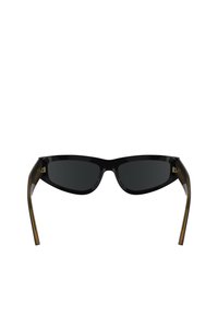 Black sunglasses with a sleek, narrow design and dark lenses; transparent brown arms with a slight gradient; subtle hardware accents.