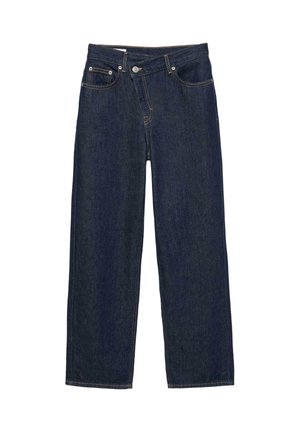 Donkerblauwe spijkerbroek met een wijde pijp, voorzien van een klassieke vijfzakkenstijl, voorste knoopsluiting en contrasterende stiksels.