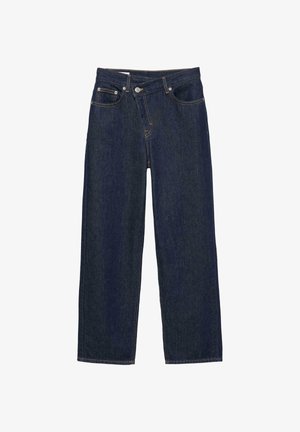 Donkerblauwe spijkerbroek met een wijde pijp, voorzien van een klassieke vijfzakkenstijl, voorste knoopsluiting en contrasterende stiksels.