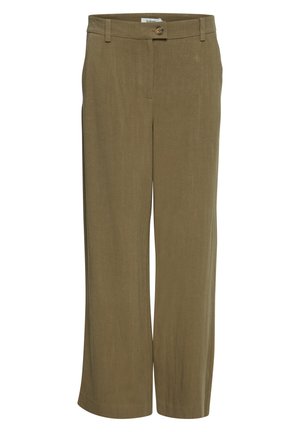 Pantalons larges couleur khaki en tissu léger, dotés d'une fermeture à bouton à l'avant, de passants de ceinture et d'une texture lisse.