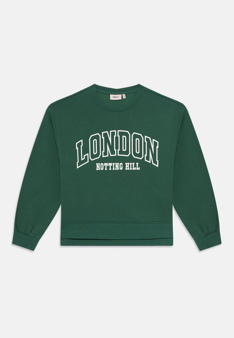 Sötétzöld környakas pulóver, elején nagy fehér betűkkel "LONDON", alatta kisebb fehér betűkkel "NOTTING HILL" felirattal.