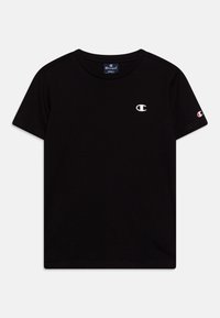 Zwarte katoenen t-shirt met korte mouwen, ronde hals en geborduurd wit logo op de borst en rode accent op de mouw.