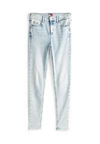Jeans ajustados de color azul claro, hechos de denim. Incluye características como una cintura alta, cinco bolsillos, cierre de botón y un ligero desvanecimiento en todo su alrededor.