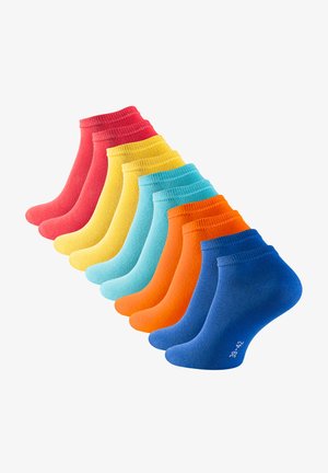 Set von 10 Knöchelsocken in lebhaften Farben: rot, gelb, hellblau, türkis, orange und dunkelblau. Weiche Textur mit gerippten Bündchen.