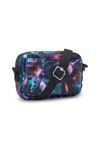 Borsa a tracolla con un motivo floreale in viola, blu e nero. Realizzata in tessuto, con chiusura a zip e tracolla regolabile.