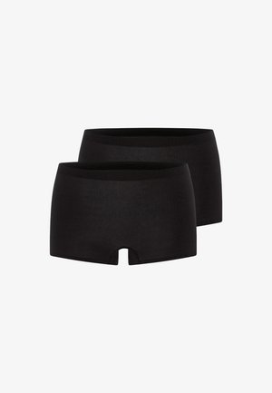 Black cotton boxer shorts, featuring a smooth texture, mid-rise waistband, and a horizontal cutout at the bottom. Two pieces included.