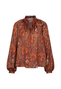 Blouse à manches longues avec col montant à volants et motif cachemire en tons orange, marron et bleu, dotée de poignets élastiques.