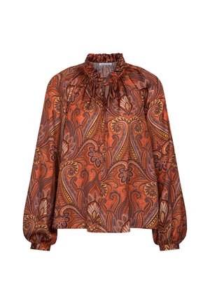 Langærmet bluse med flæset høj krave og paisleymønster i orange, brune og blå nuancer, med elastiske manchetter.