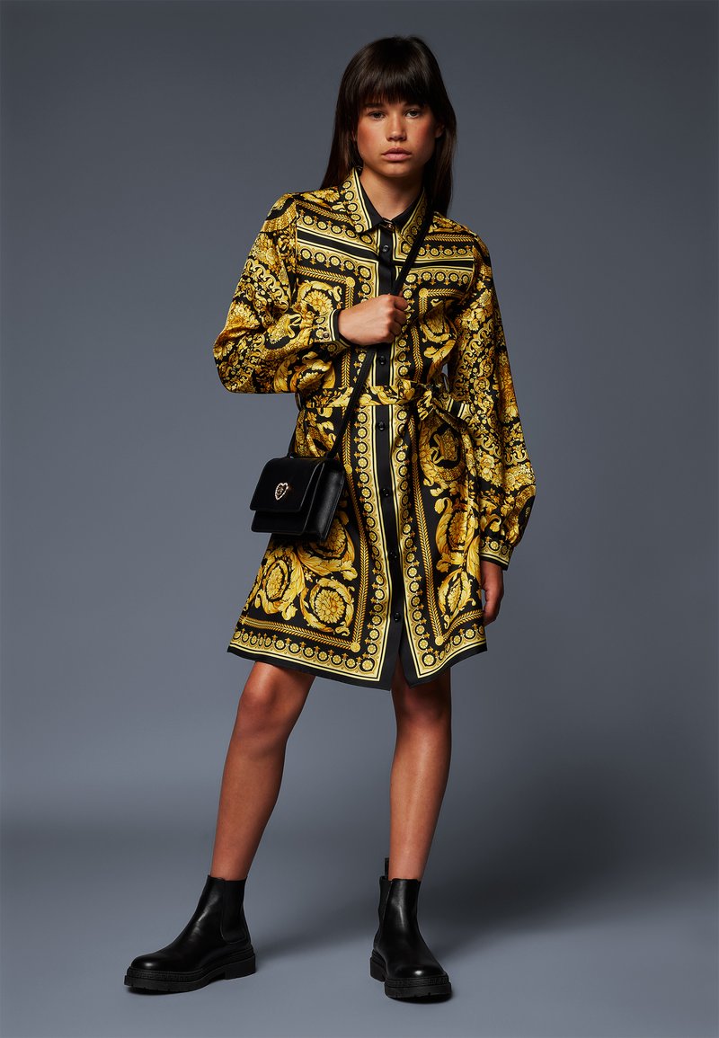 green emerald velvet dress Versace Jeans Couture Black Gold Baroque-Print Fitted T-Shirt Dress