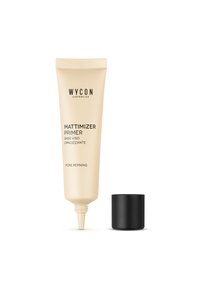 Tubo beige con punta appuntita, etichettato "Wycon Mattimizer Primer," presenta testo nero. Accompagnato da un tappo nero opaco.
