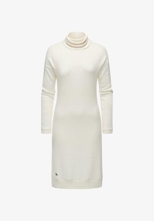 Witte lange mouw jurk van gebreide stof, met een hoge col en geribde manchetten, voorzien van een klein logo accent bij de zoom.