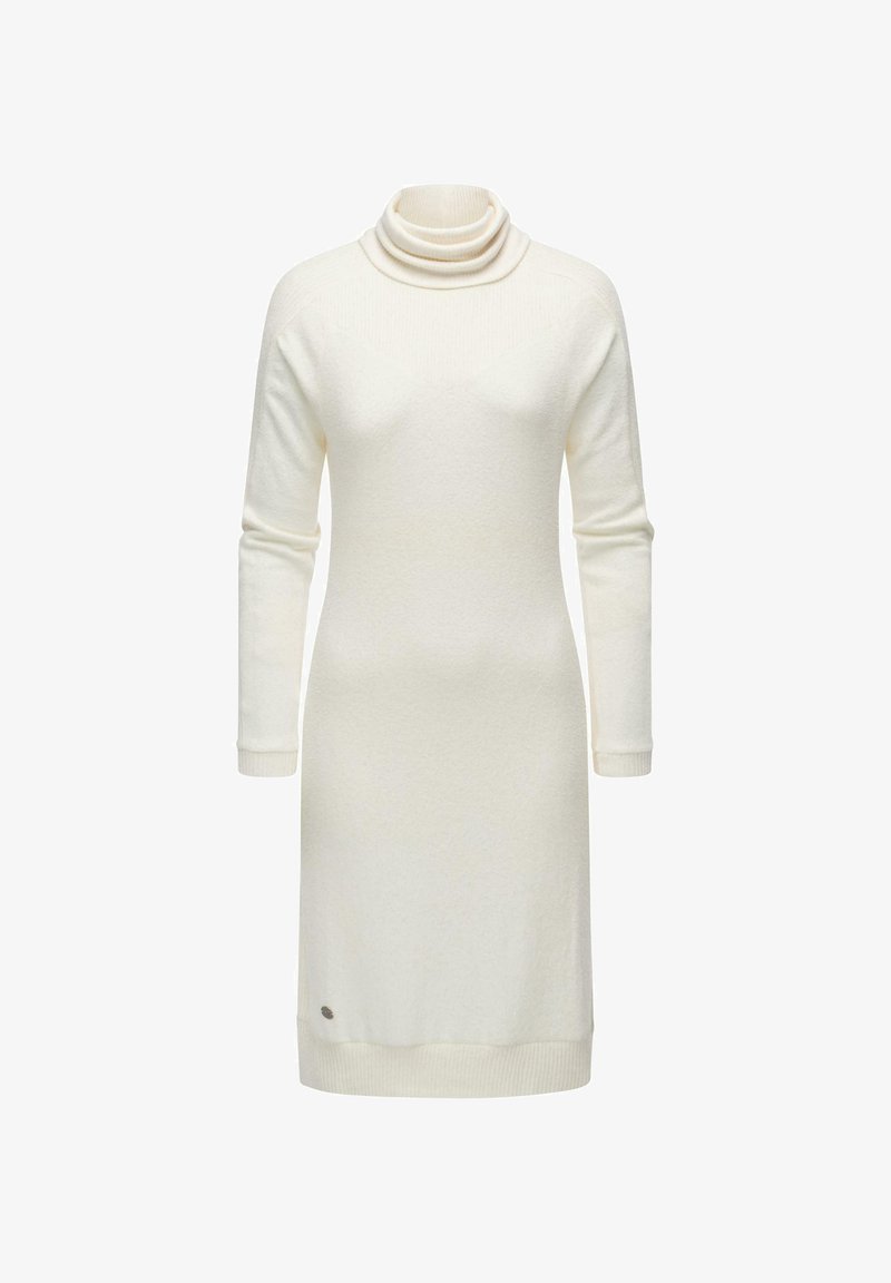 Weißes Langarmkleid aus strukturiertem Strickstoff, mit hohem Schalkragen und gerippten Bündchen, sowie einem kleinen Logo-Detail in der Nähe des Saums.