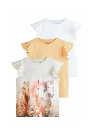 Three t-shirts: white with ruffled sleeves, pale yellow with ruffled sleeves, and light gray featuring a horse print with floral accents.
