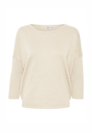 Bež, ohlapen pleten sveter z širokim izrezom in rokavi do tri četrtine. Mehak material z rebrastim vzorcem na manšetah.