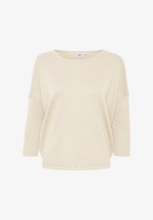 Beige, loszittende gebreide trui met een brede halslijn en driekwart mouwen. Zachte textuur met een ribbelpatroon op de manchetten.