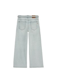 Valge-sinised leiulõike teksapüksid, valmistatud denimist, millel on vöökoht vööaasadega, kaks tagataskut ja minimaalne õmblustarind.