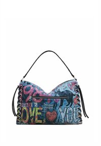 Blaue und rosa Handtasche mit Grafik einer schwarzen Katze, Graffiti-ähnlicher Text mit "LIEBE", "DU" und "Desigual" sowie schwarzen Schnürseiten.