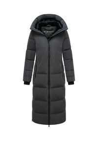 Cappotto lungo nero trapuntato con collo alto, chiusura a zip, tasche laterali e polsini a coste; design elegante e imbottito per il calore.