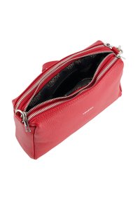 Red leather cosmetic bag with a textured finish, two silver zippers, and a black interior featuring a logo pattern. Compact and rectangular shape.