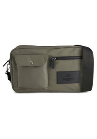 Olivgrön axelväska gjord av slitstarkt tyg, med en framficka med tryckknapp, ett dragkedjefack och en logotypapplikation.