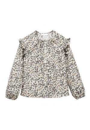 Blouse à manches longues avec motif floral gris et marron, détails volantés aux épaules, col rond et boutonnage devant.
