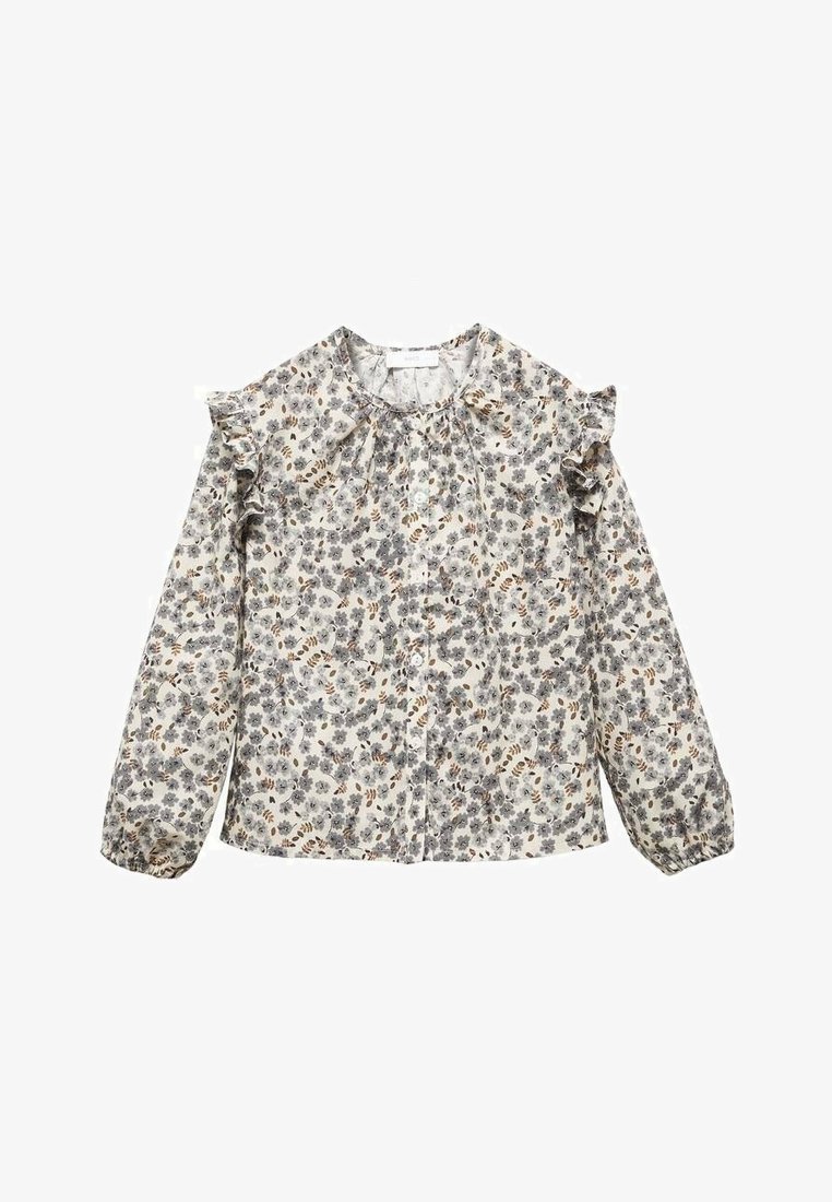 Blouse à manches longues avec motif floral gris et marron, détails volantés aux épaules, col rond et boutonnage devant.