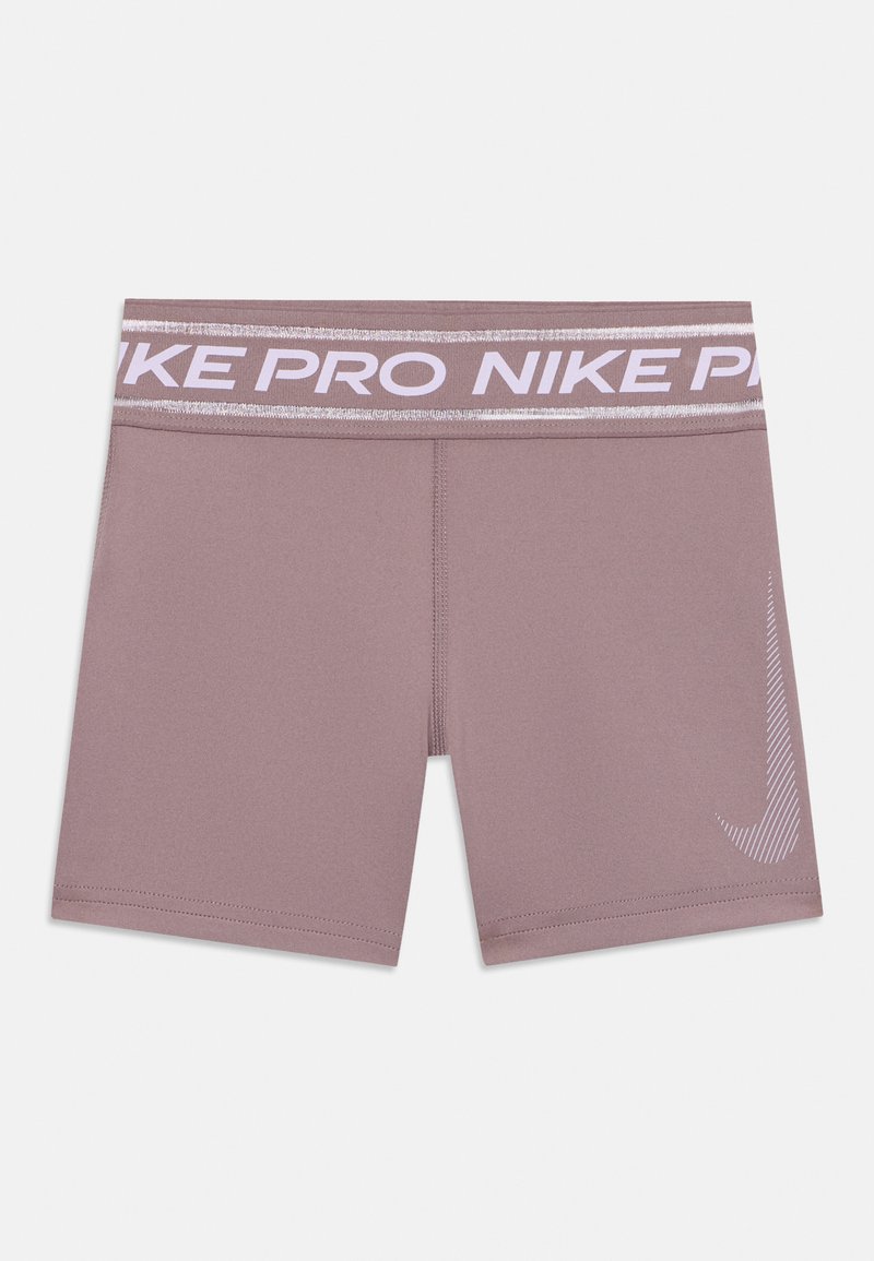 Calções de desporto roxos com uma ampla fita branca "NIKE PRO" na cintura e um logótipo da Nike branco no lado inferior direito. Feitos de um tecido elástico.
