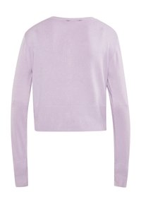 Maglione cropped in lavanda, maniche lunghe, texture a coste, colletto rotondo, tessuto in maglia liscia, colore unito senza decorazioni o motivi.
