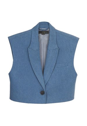 Krótkie niebieskie wełniane kamizelka marynarkowa z szerokimi ramionami, pojedynczym czarnym guzikiem, klapami z wycięciami i kieszenią na piersi po lewej stronie.