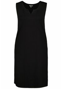 Svart ärmlös klänning med V-hals, som har en rak skärning, slät tyg och minimalistisk design utan synliga mönster eller detaljer.