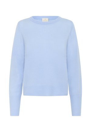 Svetlomodrý pletený sveter s okrúhlym výstrihom, dlhými rukávmi a rebrovanými manžetami a lemom. Hladká textura a jednoduchý dizajn.