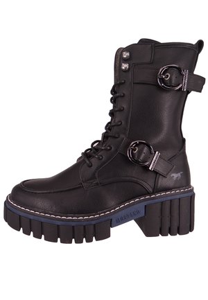 Black leather ankle boot with round toe, lace-up front, side buckles, and a chunky platform sole with a blue accent and white stitching.